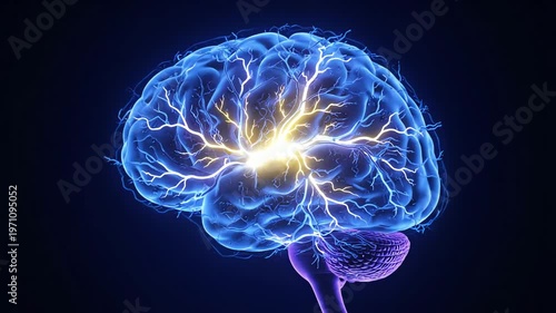 Glowing Blue Brain with Electric Pulses.