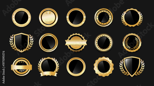 Luxury gold badge set with black and metallic accents. Collection of 15 elegant award seals featuring glossy gradients, laurel wreaths, stars, and ribbons.  