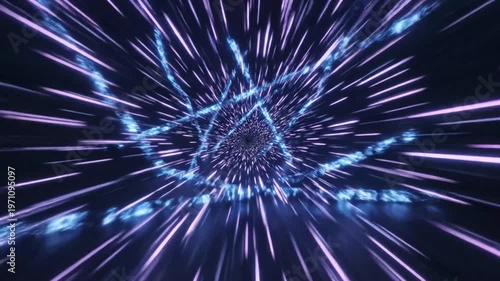 Hyperspace tunnel with glowing light streaks, fast motion, dark background