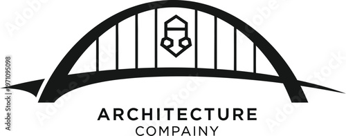 A minimalist logo design for an architecture company featuring a stylized bridge and geometric icon