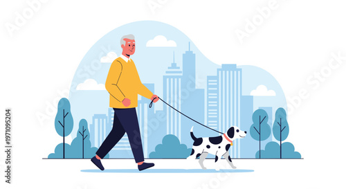 Happy senior man walking his dalmatian dog on a leash along city street with skyscrapers and trees in background.