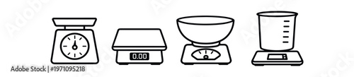 Kitchen scale icons set. food scales, measuring, weighing bowl, digital and analog scales, culinary tools. line and flat vector illustration.