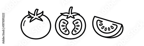 Tomato icon set. whole tomato, halved tomato, tomato wedge, seeds, fruit, vegetable, cooking, salad. flat vector illustration isolated on white background.
