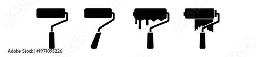 Paint roller icon set. solid roller silhouettes, dripping and textured rollers, painting tools for construction and decoration. line, flat and colored vector icon set.