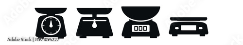 Kitchen scale icons set. solid food scales, analog and digital silhouettes, measuring devices for cooking. flat vector illustration.