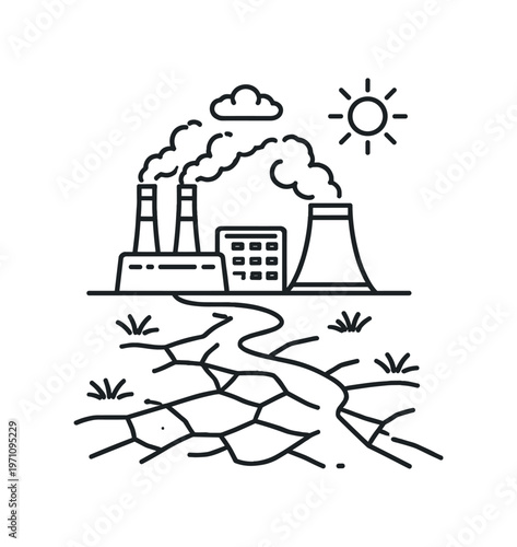 Industrial factory emitting smoke with cracked dry riverbed. pollution, smog, drought, climate change, environmental hazard. flat vector illustration.