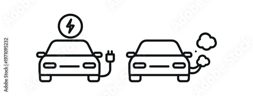 Car icon set. electric vehicle with charging plug and gasoline car with exhaust smoke, eco vs pollution, transport. line, flat and colored vector icon set.