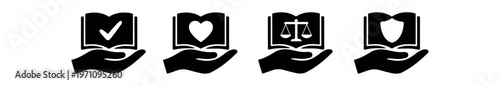 Open book on hand icon set. education, knowledge, support, law, protection, charity. line, flat and colored vector icon set.