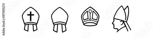 Bishop mitre icon set. mitre, bishop hat, liturgical headwear, clergy, church, religious vestment. line and flat vector illustration.