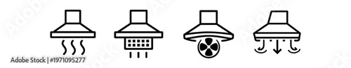 Range hood icon set. kitchen extractor, ventilation, fan, exhaust, cooker hood. line, flat and colored vector icon set.