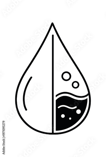 Water droplet divided showing clean and polluted water icon. purity versus contamination, filtration, environmental testing. line and flat vector illustration.