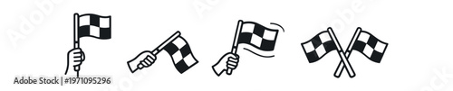 Checkered flag icon set. racing flag, finish flag, victory, motorsport, waving flag, race start. line, flat and colored vector icon set.
