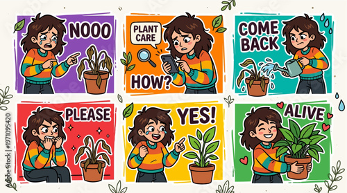 Woman Character Plant Care Sticker Set Showing Plant Rescue Journey from Dying Wilted Leaves to Healthy Green Recovery with Watering Treatment and Research for Gardening Success and Happiness