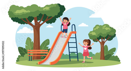 Joyful young girls playing on a colorful slide and running around in a sunny park with green trees and a wooden bench in the background.