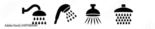 Shower icon set. bold silhouette showerheads, rainfall spray, handheld and ceiling mounted styles for bathroom and plumbing. line, flat and colored vector icon set.