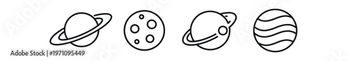 Planet and moon icon set. saturn, moon, ringed planet, globe, astronomy, space. line, flat and colored vector icon set.