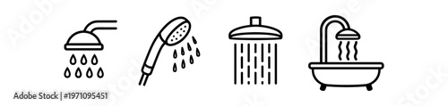 Shower icon set. showerhead, handheld shower, rain shower, bathtub with shower, bathroom fixtures, hygiene. line, flat 