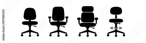 Office chair icon set. swivel chair, task chair, ergonomic seat, casters, adjustable height, armrests. line and flat vector illustration.
