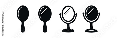 Makeup mirror icon set. handheld and tabletop mirrors in filled and outline styles, cosmetic reflection accessories. line and flat vector illustration.