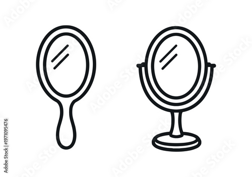 Hand mirror and tabletop vanity mirror icon set. handheld mirror, standing mirror, beauty mirror, makeup accessory. line and flat vector illustration.
