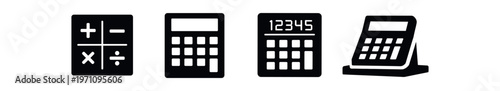 Calculator icon set. calculator, adding machine, keypad, display, buttons, math, finance, accounting, education. line, flat and colored vector icon set.