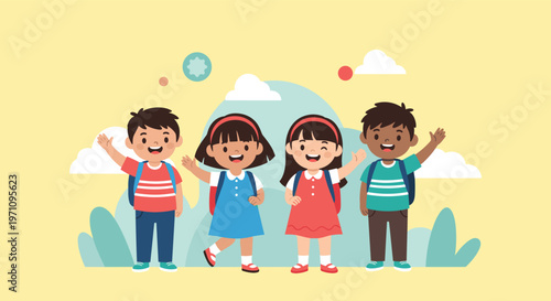 Group of four happy children of diverse backgrounds wearing school uniforms and backpacks waving their hands in greeting.