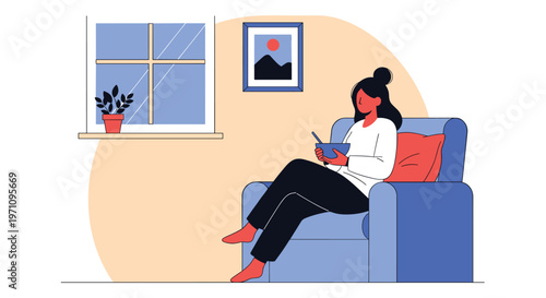 Relaxed woman sitting comfortably in a blue armchair and eating from a bowl while looking out the window in her cozy living room.