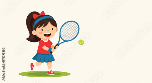 Enthusiastic young girl with a red bow in her hair playing tennis with a blue racket and ball on a green court against a light background.