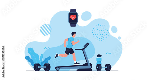 Active man running on treadmill surrounded by fitness icons including dumbbells, water bottle, and smartwatch heart rate.