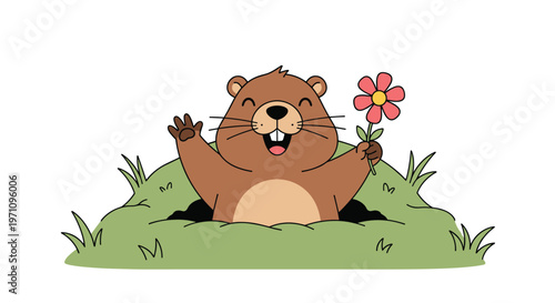 Adorable brown groundhog peeking out from its burrow in a grassy hill while holding a small pink flower and waving to its friends.