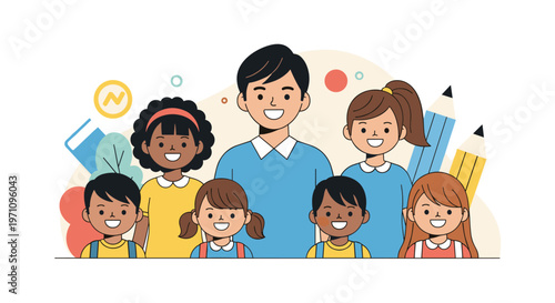 Male teacher with a diverse group of smiling young school children in front of colorful educational backgrounds.