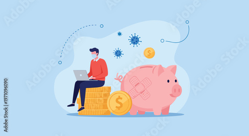 Finance and saving concept showing a man working on a laptop while sitting on coins next to a large patched piggy bank on blue background.