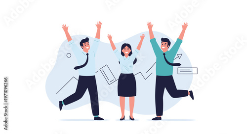 Three diverse business professionals celebrating success with their arms raised in excitement in front of growing chart.