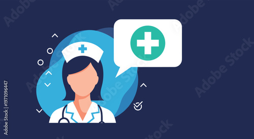 Professional female nurse character with stethoscope and medical cross in a speech bubble represents healthcare services and support.