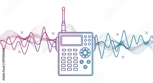 Walkie talkie radio device emitting signal waves shown as colorful wavy lines on a white background for telecommunications concept.