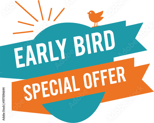 A colorful graphic illustration of an early bird special offer with a bird and sunburst