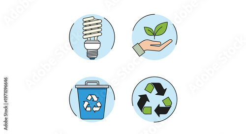 Collection of eco friendly icons including a light bulb, plant in hand, recycling bin, and recycle symbol for sustainability concepts.