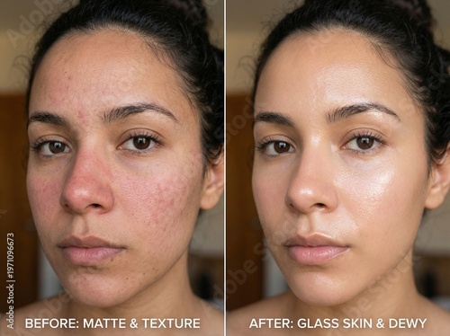 Before and After Skincare Transformation: Natural Skin Texture Pores and Redness vs Hydrated Radiant Glass Skin Glow. Beauty Treatment Comparison, Facial Care, Dermatology, Healthy Glowing Skin. 
