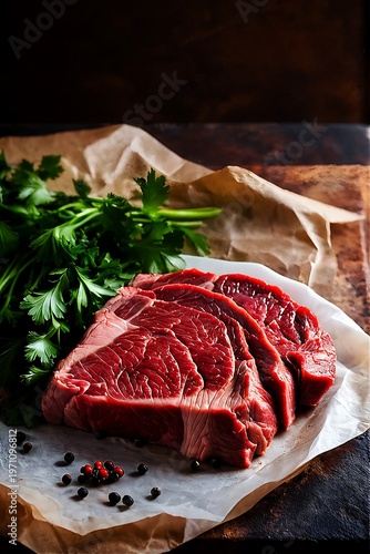 Raw Steak on Parchment Paper with Herbs and Peppercorns on a Wooden Table