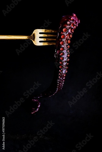 Octopus tentacle on a gold fork, dark background, elegant texture