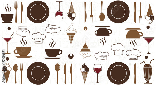 Detailed seamless pattern background featuring various culinary icons such as plates, cutlery, coffee cups, and chef hats for restaurant branding.