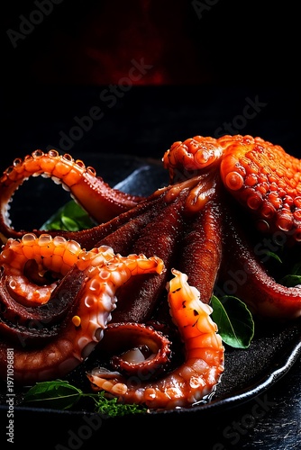 A plate of octopus tentacles on a black plate with green herbs, vibrant suckers and a dark background