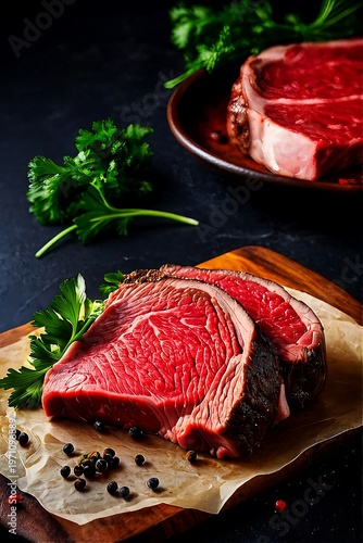 Raw steaks on a wooden cutting board and plate with herbs and spices