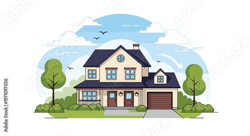 Charming two story suburban house with a garage and manicured front yard set against a clear blue sky with puffy white clouds.