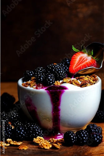 A delicious bowl of yogurt with granola, blackberries, and strawberry on top, served on a wooden table with a dark background.