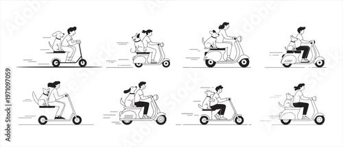People and dogs riding scooters and electric bikes, illustrating urban travel with pets in dynamic line art style.