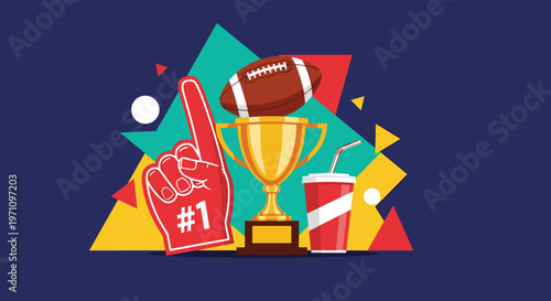 Golden football trophy topped with an American football accompanied by a red foam finger and soda cup for sports celebration.
