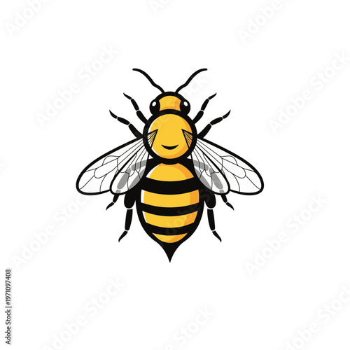Detailed honey bee illustration with yellow and black stripes, representing biodiversity, pollination, and hard work in nature.