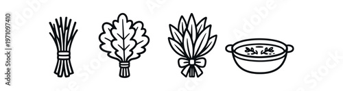 Sauna leaf and whisk set. birch bundle, oak leaf bundle, leafy venik, soup or herbal bowl, bathing herbs. line and flat vector illustration.