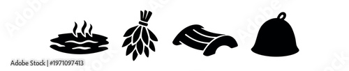 Solid sauna and spa icons set. hot bath, birch whisk, towel strip, cloche cover, black silhouette style. line and flat vector illustration.